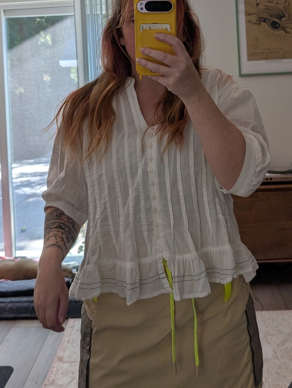 100% Cotton Cream Button-Front Ruffle Peasant Blouse